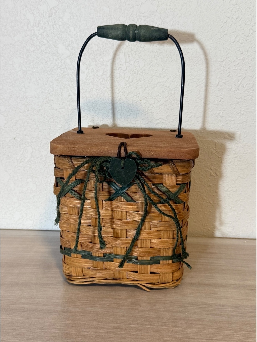 Woven Small Storage Basket with Wooden Heart Cutout Lid and Handle